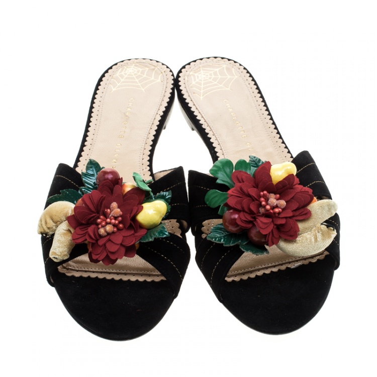 Pre Owned Charlotte Olympia Black Suede Tropical Floral Embellished Flat Slides Size 40