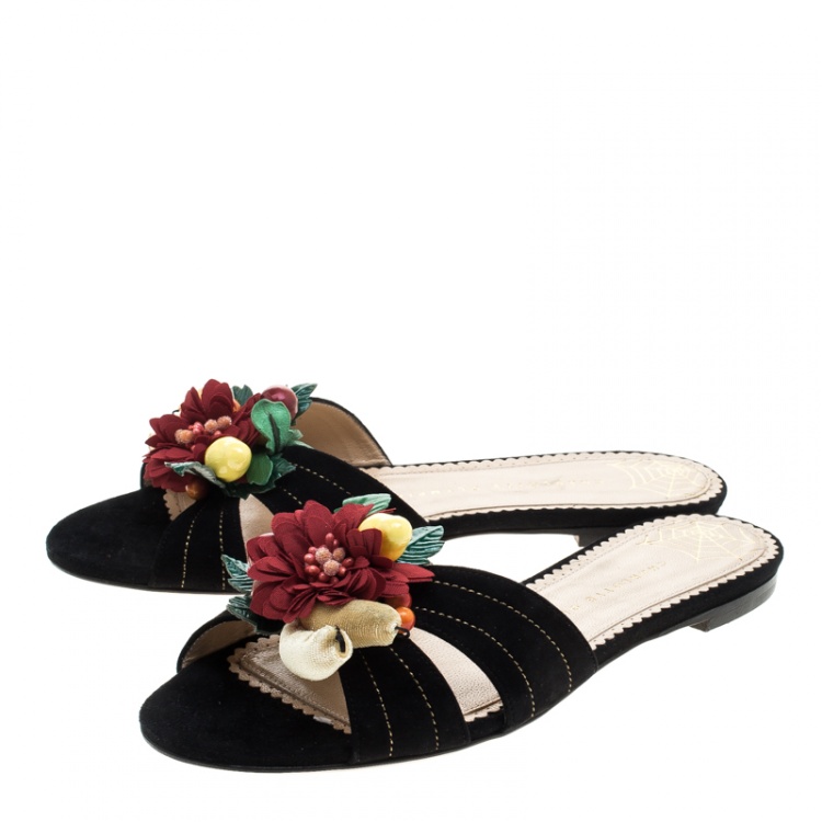 Pre Owned Charlotte Olympia Black Suede Tropical Floral Embellished Flat Slides Size 40