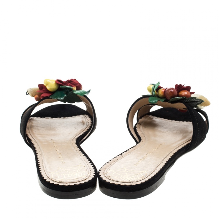 Pre Owned Charlotte Olympia Black Suede Tropical Floral Embellished Flat Slides Size 40