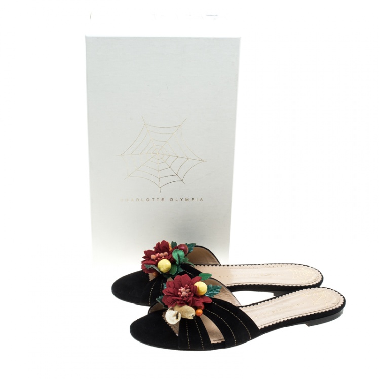 Pre Owned Charlotte Olympia Black Suede Tropical Floral Embellished Flat Slides Size 40