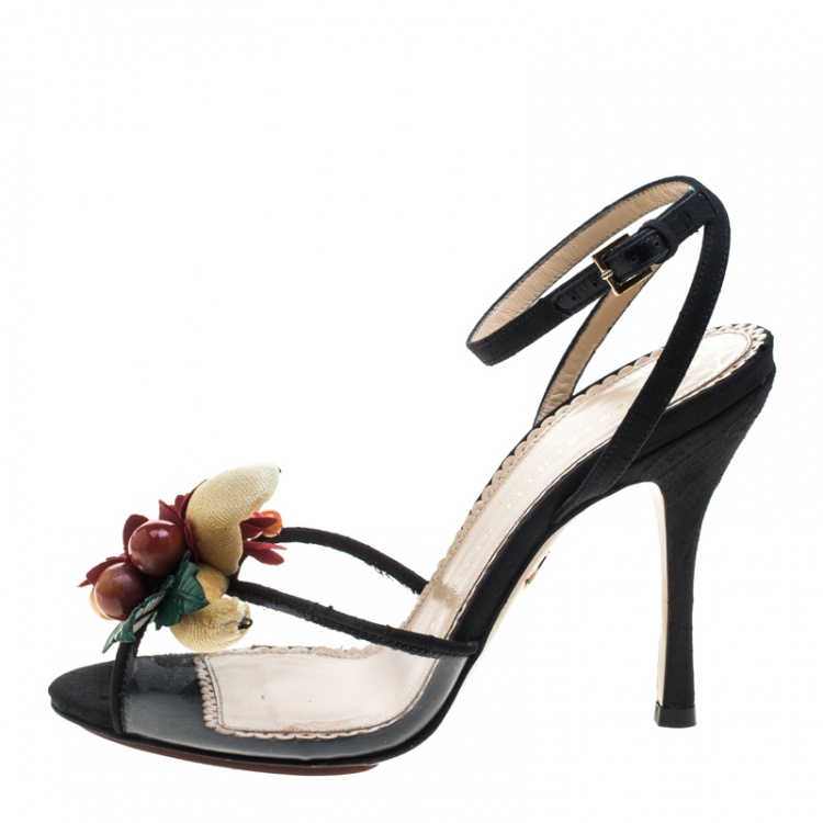 Pre Owned Charlotte Olympia Black Silk And PVC Tropicana Embellished Sandals Size 40.5