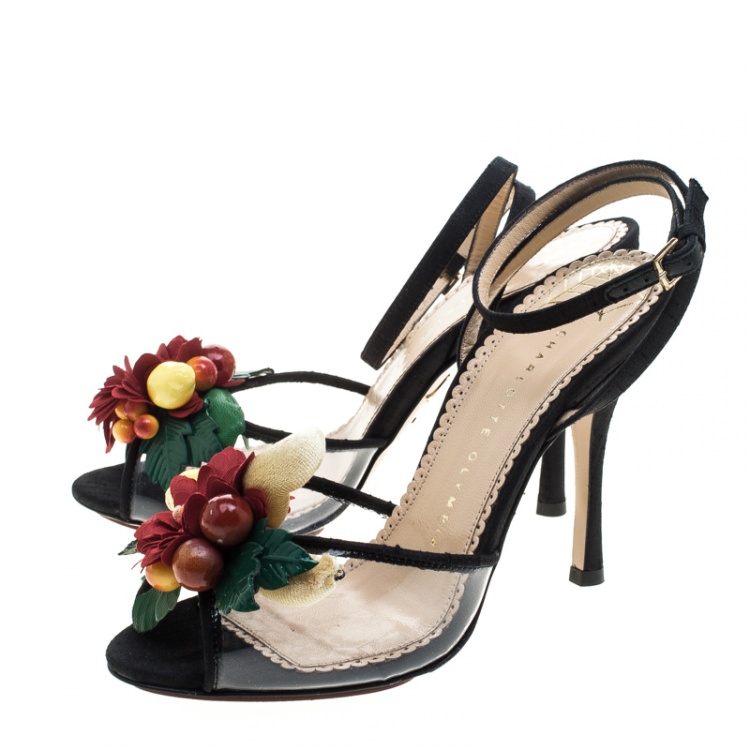 Pre Owned Charlotte Olympia Black Silk And PVC Tropicana Embellished Sandals Size 40.5