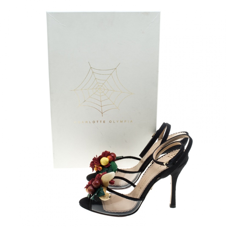Pre Owned Charlotte Olympia Black Silk And PVC Tropicana Embellished Sandals Size 40.5