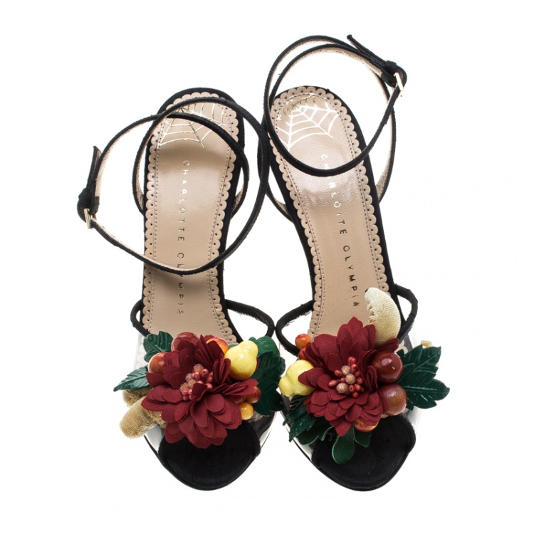 Pre Owned Charlotte Olympia Black Silk And PVC Tropicana Embellished Sandals Size 39