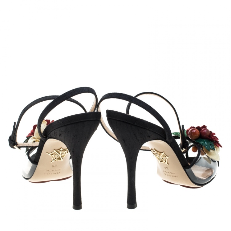 Pre Owned Charlotte Olympia Black Silk And PVC Tropicana Embellished Sandals Size 39