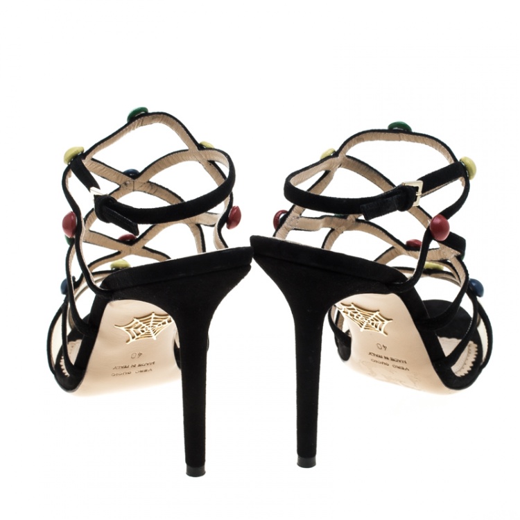 Pre Owned Charlotte Olympia Black Suede and Mesh Spot On Multicolor Stud Embellished Cut Out Sandals Size 40