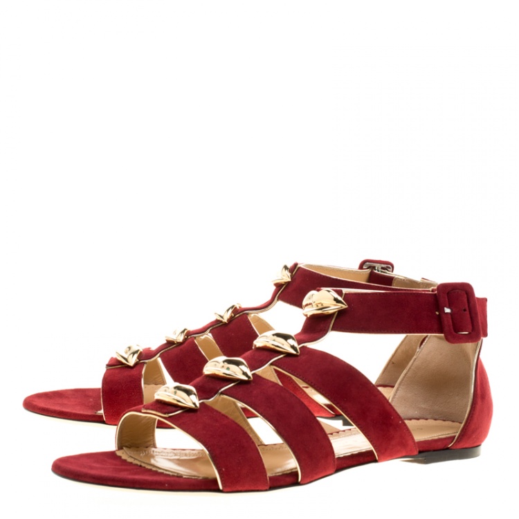 Pre Owned Charlotte Olympia Garnet Red Suede One More Kiss Flat Gladiator Sandals Size 40