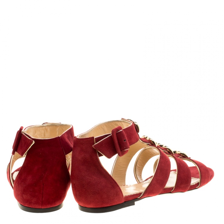 Pre Owned Charlotte Olympia Garnet Red Suede One More Kiss Flat Gladiator Sandals Size 40