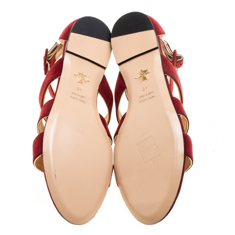 Pre Owned Charlotte Olympia Garnet Red Suede One More Kiss Flat Gladiator Sandals Size 40