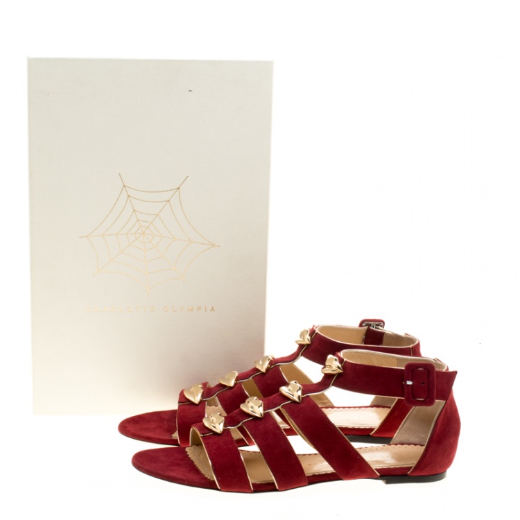 Pre Owned Charlotte Olympia Garnet Red Suede One More Kiss Flat Gladiator Sandals Size 40