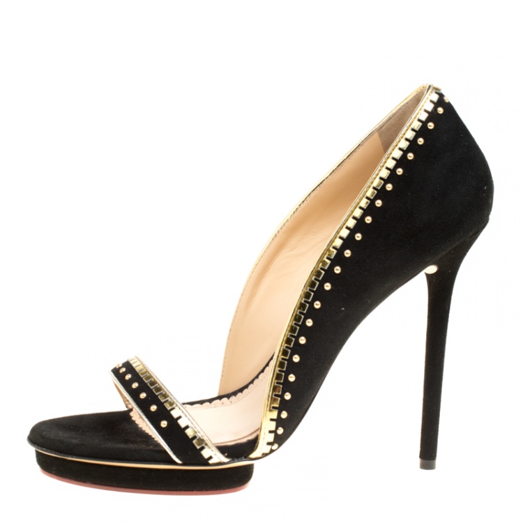 مملوكة مسبقًا Charlotte Olympia Black Suede Christine Stud Embellished Open Toe Sandals Size 41