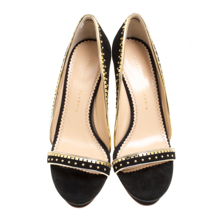 مملوكة مسبقًا Charlotte Olympia Black Suede Christine Stud Embellished Open Toe Sandals Size 41