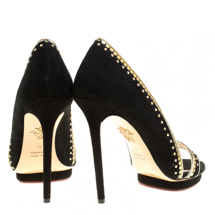 مملوكة مسبقًا Charlotte Olympia Black Suede Christine Stud Embellished Open Toe Sandals Size 41