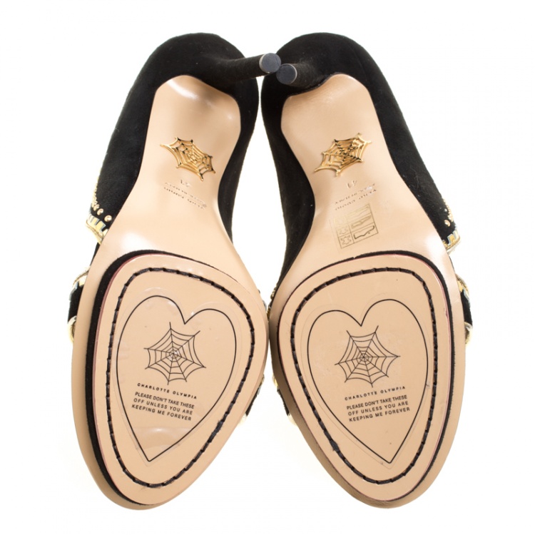 مملوكة مسبقًا Charlotte Olympia Black Suede Christine Stud Embellished Open Toe Sandals Size 41