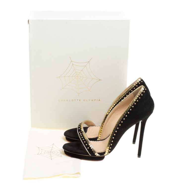 مملوكة مسبقًا Charlotte Olympia Black Suede Christine Stud Embellished Open Toe Sandals Size 41