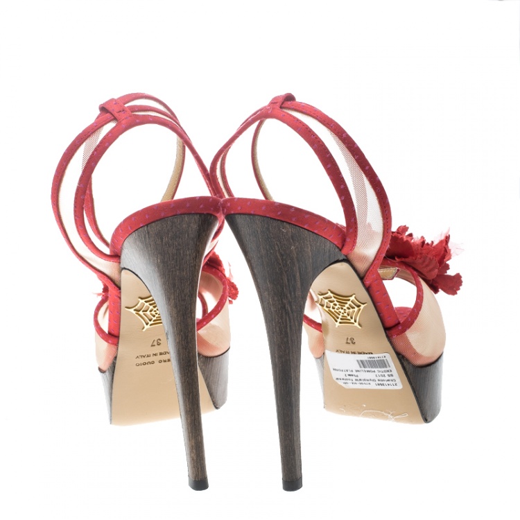 مملوكة مسبقًا Charlotte Olympia Red Satin and Mesh Pomeline Peep Toe Platform Sandals Size 37