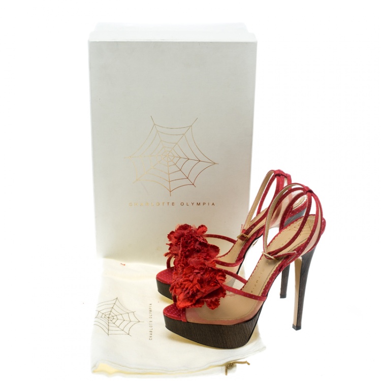 مملوكة مسبقًا Charlotte Olympia Red Satin and Mesh Pomeline Peep Toe Platform Sandals Size 37