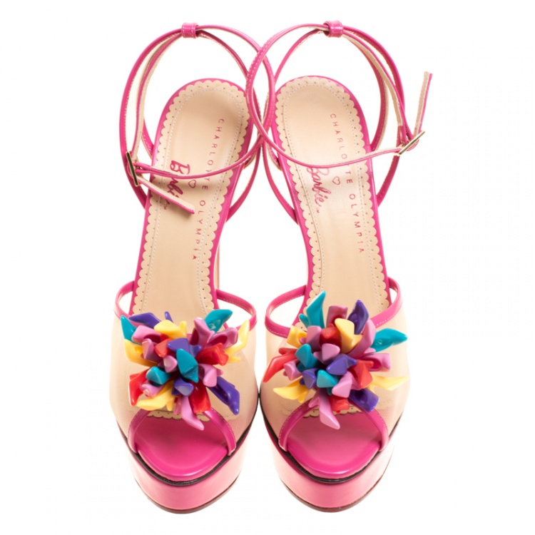 مملوكة مسبقًا Charlotte Olympia Pink Leather and Mesh Pomeline Peep Toe Platform Sandals Size 38.5