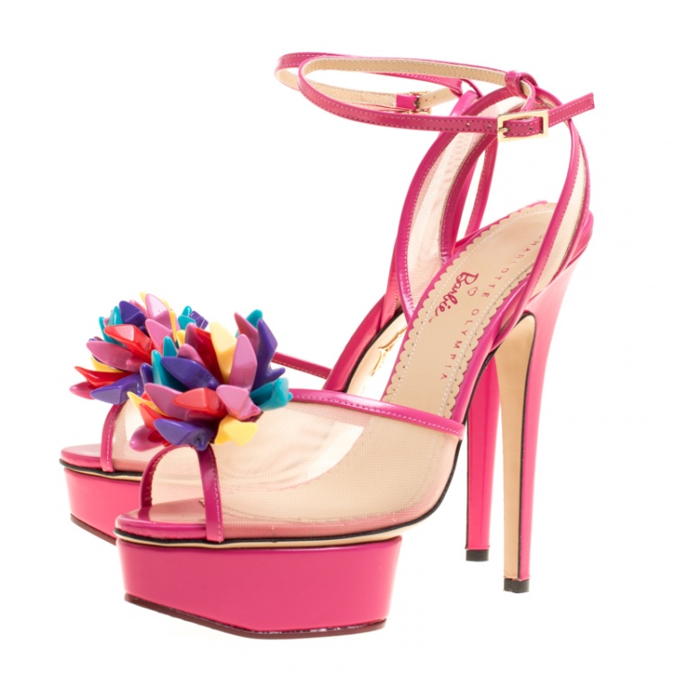 مملوكة مسبقًا Charlotte Olympia Pink Leather and Mesh Pomeline Peep Toe Platform Sandals Size 38.5