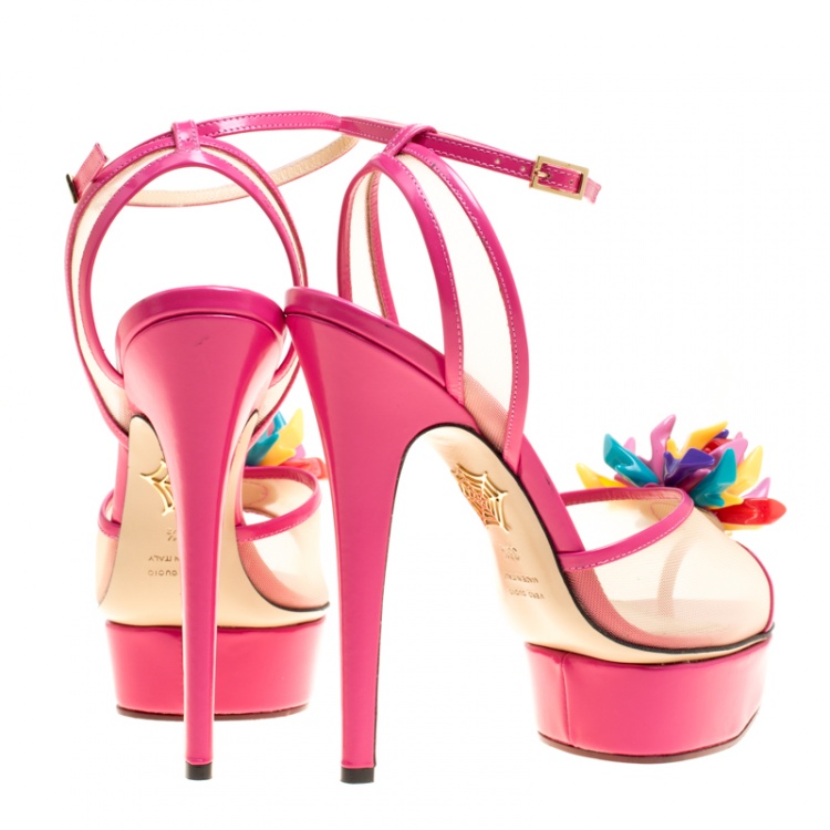 مملوكة مسبقًا Charlotte Olympia Pink Leather and Mesh Pomeline Peep Toe Platform Sandals Size 38.5