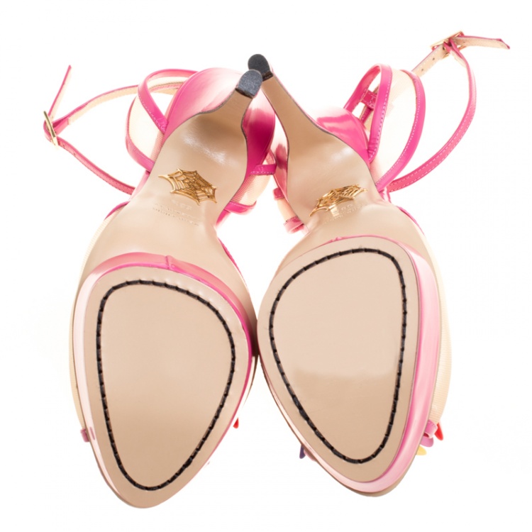 مملوكة مسبقًا Charlotte Olympia Pink Leather and Mesh Pomeline Peep Toe Platform Sandals Size 38.5