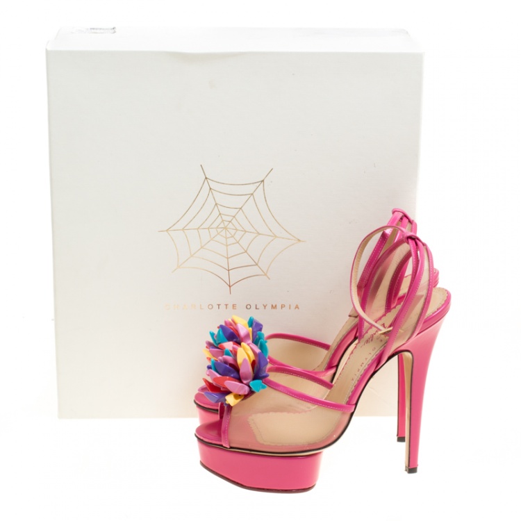 مملوكة مسبقًا Charlotte Olympia Pink Leather and Mesh Pomeline Peep Toe Platform Sandals Size 38.5