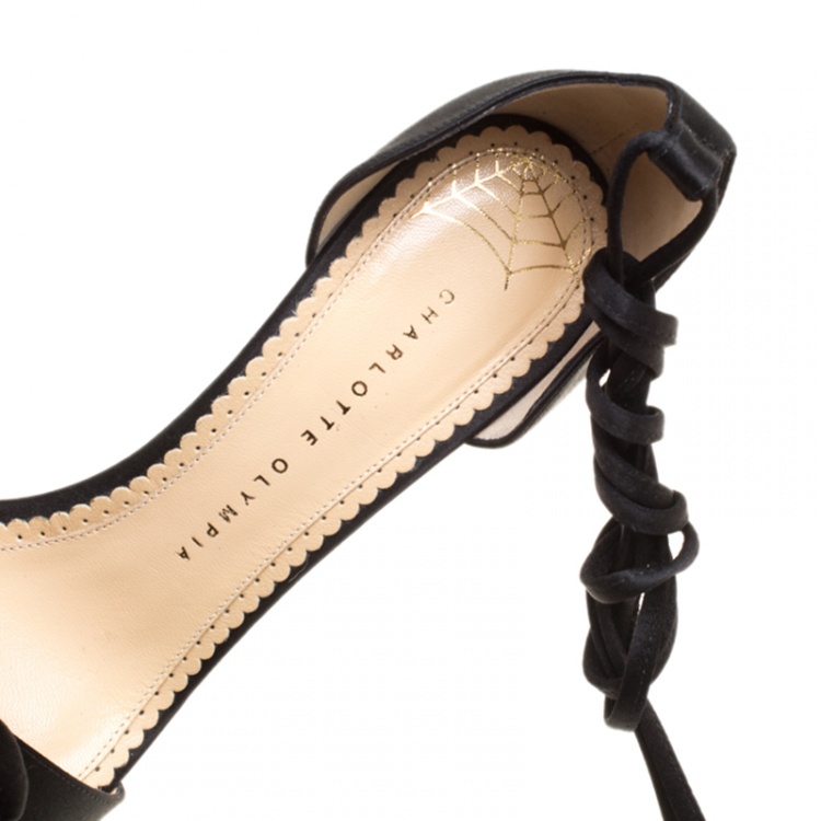 مملوكة مسبقًا Charlotte Olympia Black Satin Shelley Bow Embellished Ankle Wrap Sandals Size 38.5