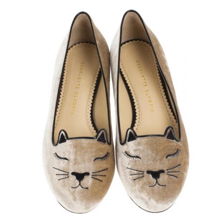Pre Owned Charlotte Olympia Velvet Sleeping Kitty Flats Size 38.5
