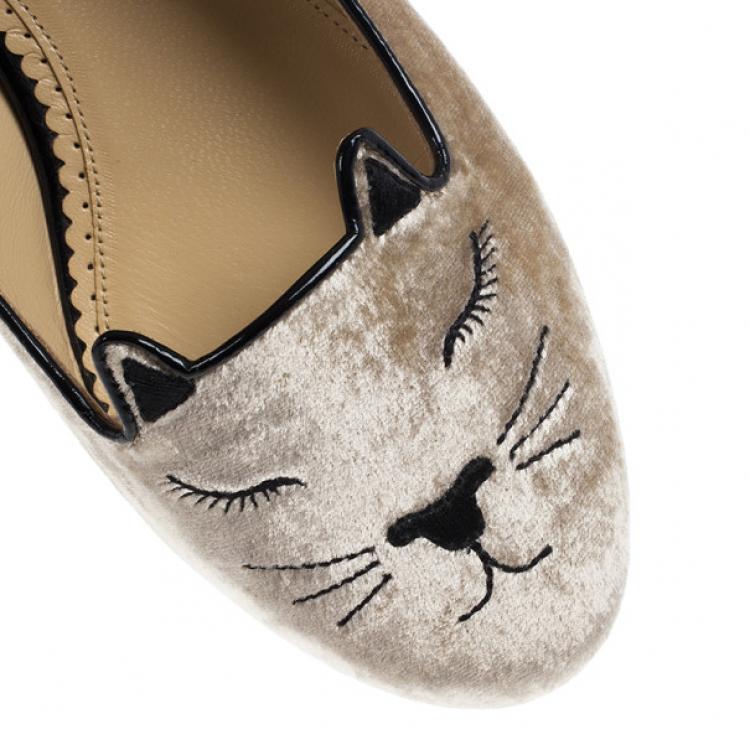 Pre Owned Charlotte Olympia Velvet Sleeping Kitty Flats Size 38.5