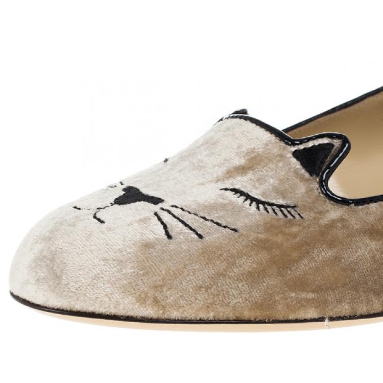 Pre Owned Charlotte Olympia Velvet Sleeping Kitty Flats Size 38.5