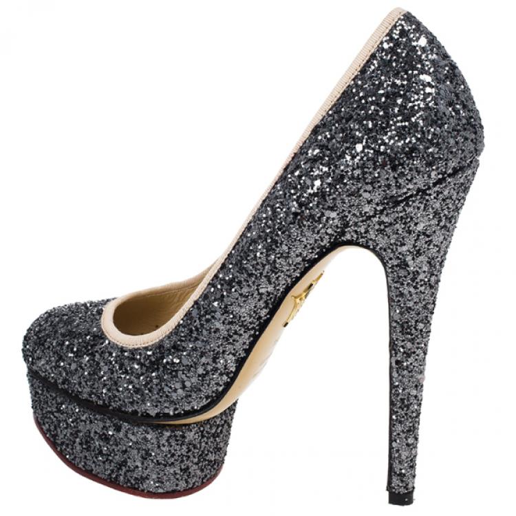 مملوكة مسبقًا Charlotte Olympia Black Glitter Priscilla Platform Pumps Size 36.5