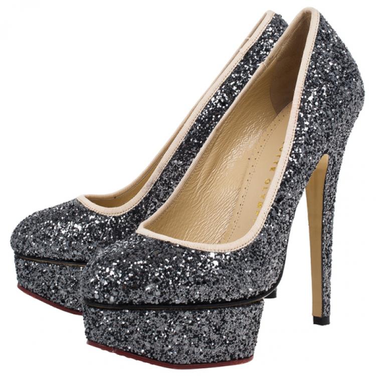 مملوكة مسبقًا Charlotte Olympia Black Glitter Priscilla Platform Pumps Size 36.5