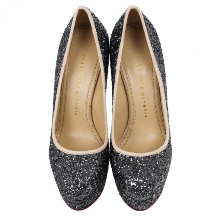 مملوكة مسبقًا Charlotte Olympia Black Glitter Priscilla Platform Pumps Size 36.5