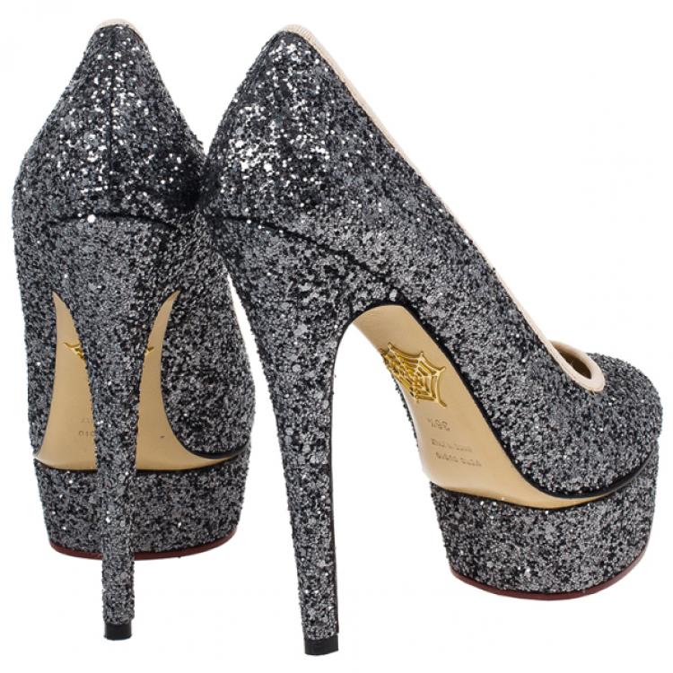 مملوكة مسبقًا Charlotte Olympia Black Glitter Priscilla Platform Pumps Size 36.5