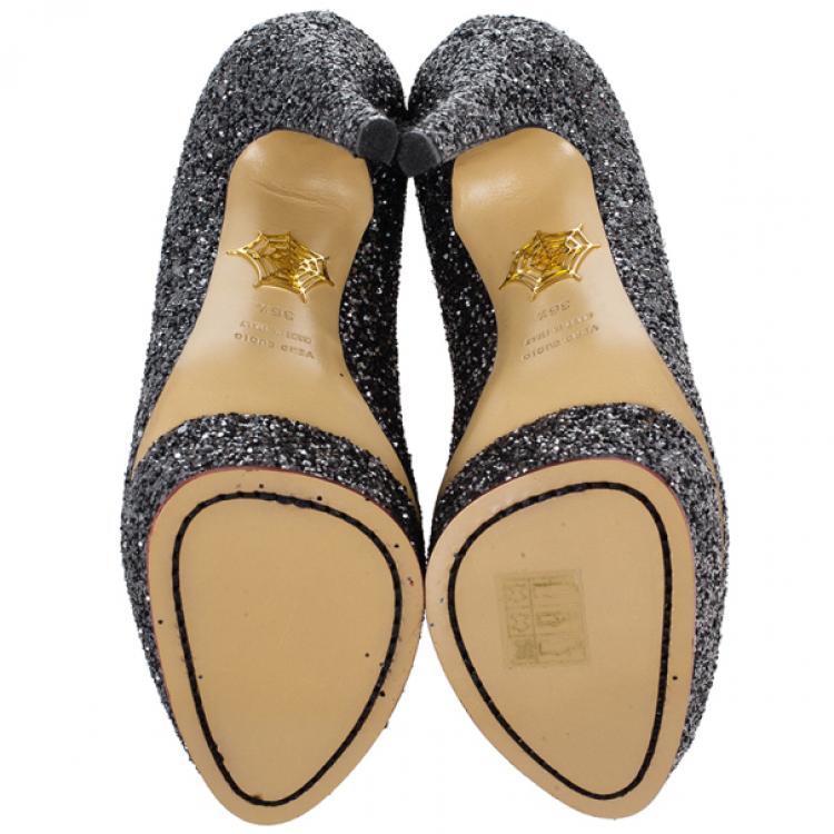 مملوكة مسبقًا Charlotte Olympia Black Glitter Priscilla Platform Pumps Size 36.5