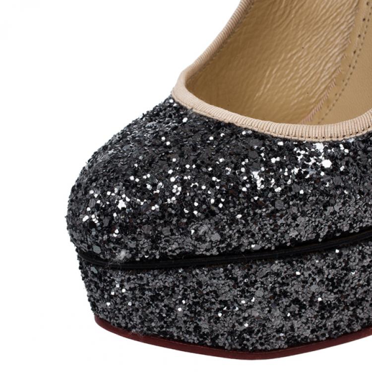 مملوكة مسبقًا Charlotte Olympia Black Glitter Priscilla Platform Pumps Size 36.5