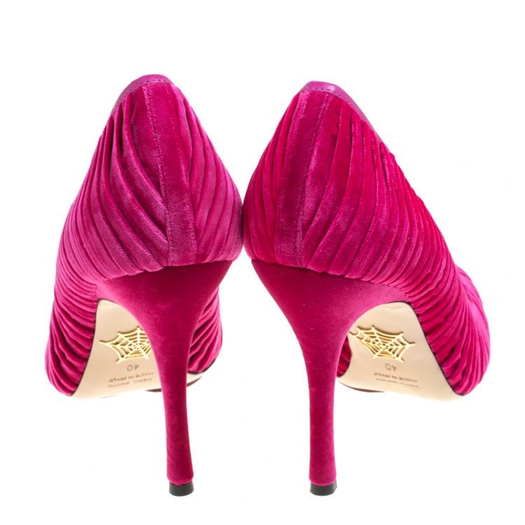 Pre Owned Charlotte Olympia Pink Pleated Velvet Bacall Pointed Toe Pumps Size 40