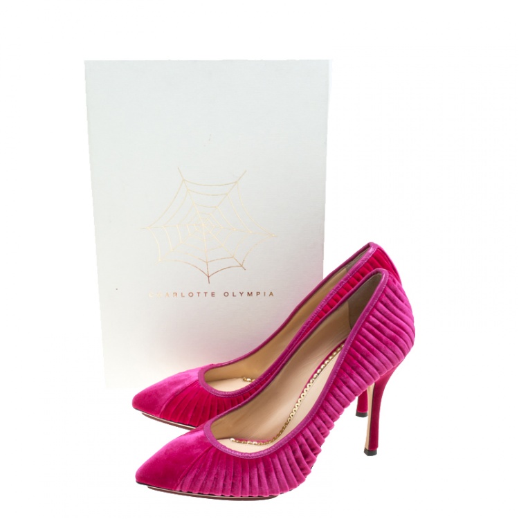 Pre Owned Charlotte Olympia Pink Pleated Velvet Bacall Pointed Toe Pumps Size 40