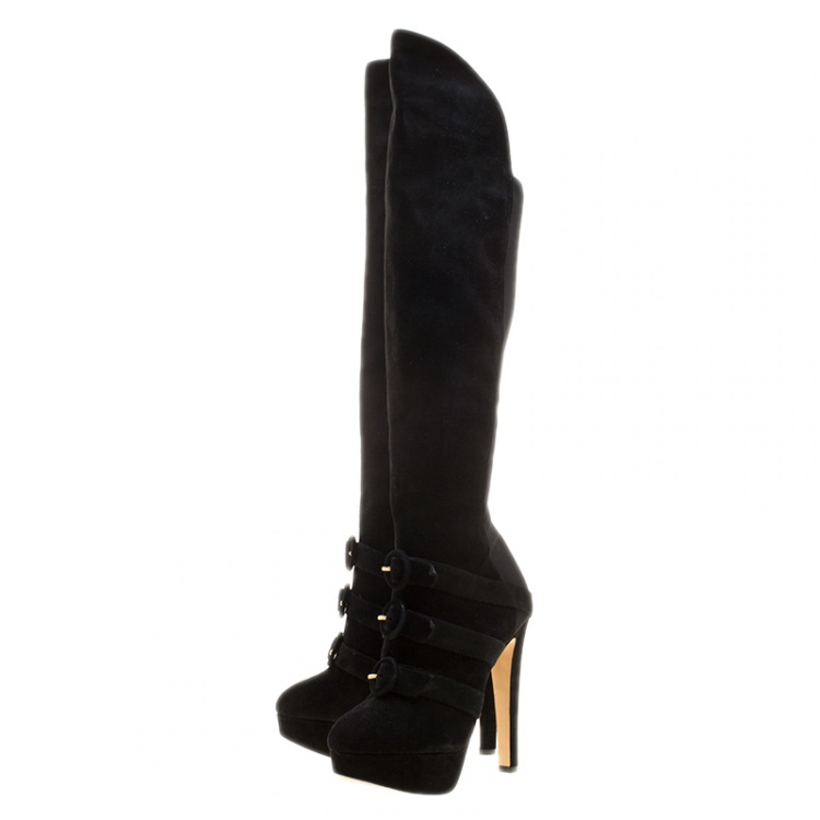 Pre Owned Charlotte Olympia Black Suede Alda Over The Knee Platform Boots Size 37