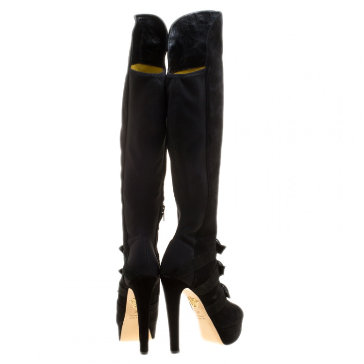Pre Owned Charlotte Olympia Black Suede Alda Over The Knee Platform Boots Size 37