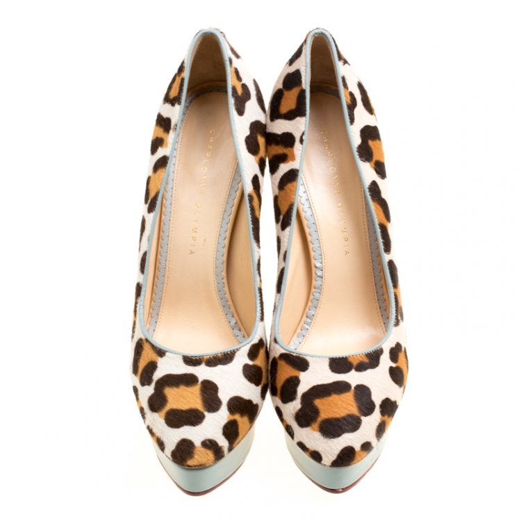 Pre Owned Charlotte Olympia Beige Leopard Print Calf Hair Polly Platform Pumps Size 40