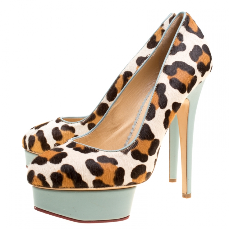 Pre Owned Charlotte Olympia Beige Leopard Print Calf Hair Polly Platform Pumps Size 40