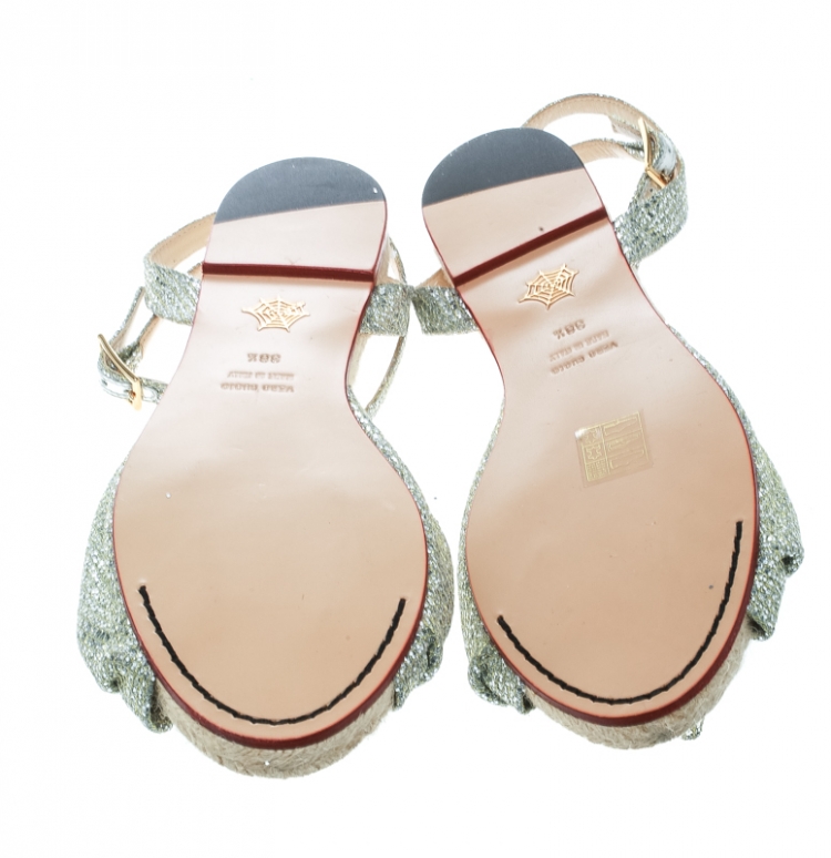 مملوكة مسبقًا Charlotte Olympia Metallic Silver Glitter Fabric Marina Knot Ankle Strap Flat Sandals Size 38.5