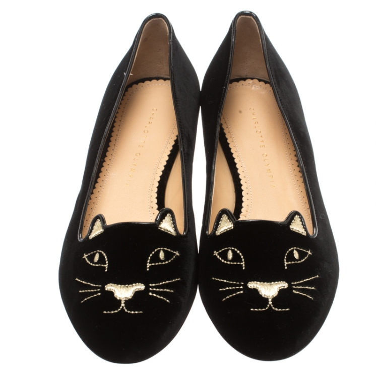 Pre Owned Charlotte Olympia Black Kitty Embroidered Velvet Flats Size 41