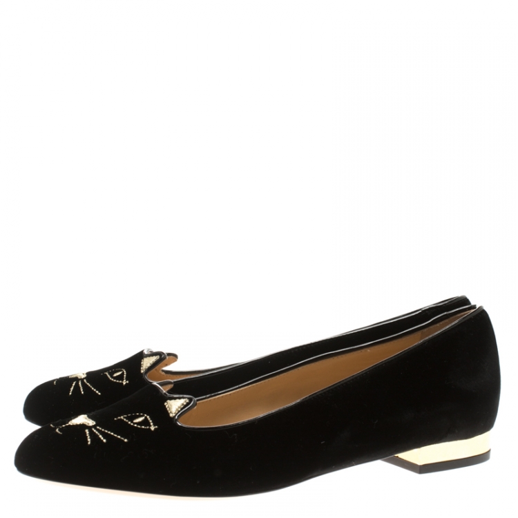 Pre Owned Charlotte Olympia Black Kitty Embroidered Velvet Flats Size 41