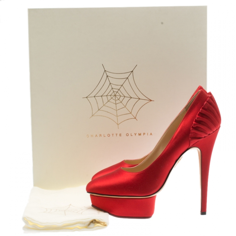 Pre Owned Charlotte Olympia Red Satin Paloma Fan Pleat Platform Pumps Size 37