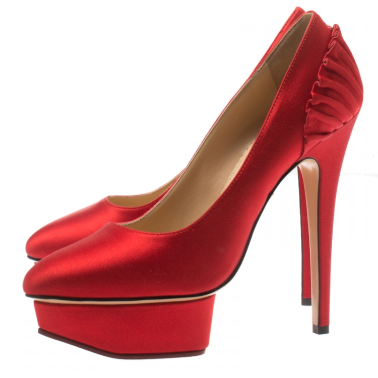 Pre Owned Charlotte Olympia Red Satin Paloma Fan Pleat Platform Pumps Size 37