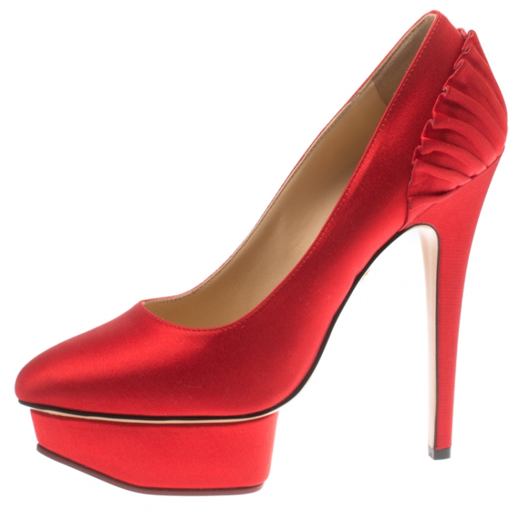 Pre Owned Charlotte Olympia Red Satin Paloma Fan Pleat Platform Pumps Size 37