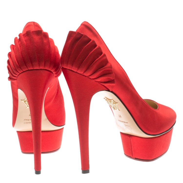 Pre Owned Charlotte Olympia Red Satin Paloma Fan Pleat Platform Pumps Size 37