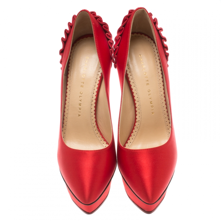 Pre Owned Charlotte Olympia Red Satin Paloma Fan Pleat Platform Pumps Size 37